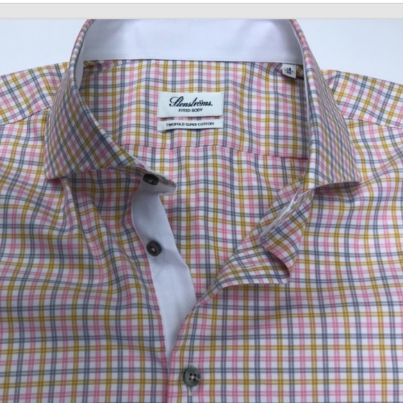 Stenstroms fitted body checkered 2 fold super cotton dress shirt Sz 18/46 - Picture 1 of 8